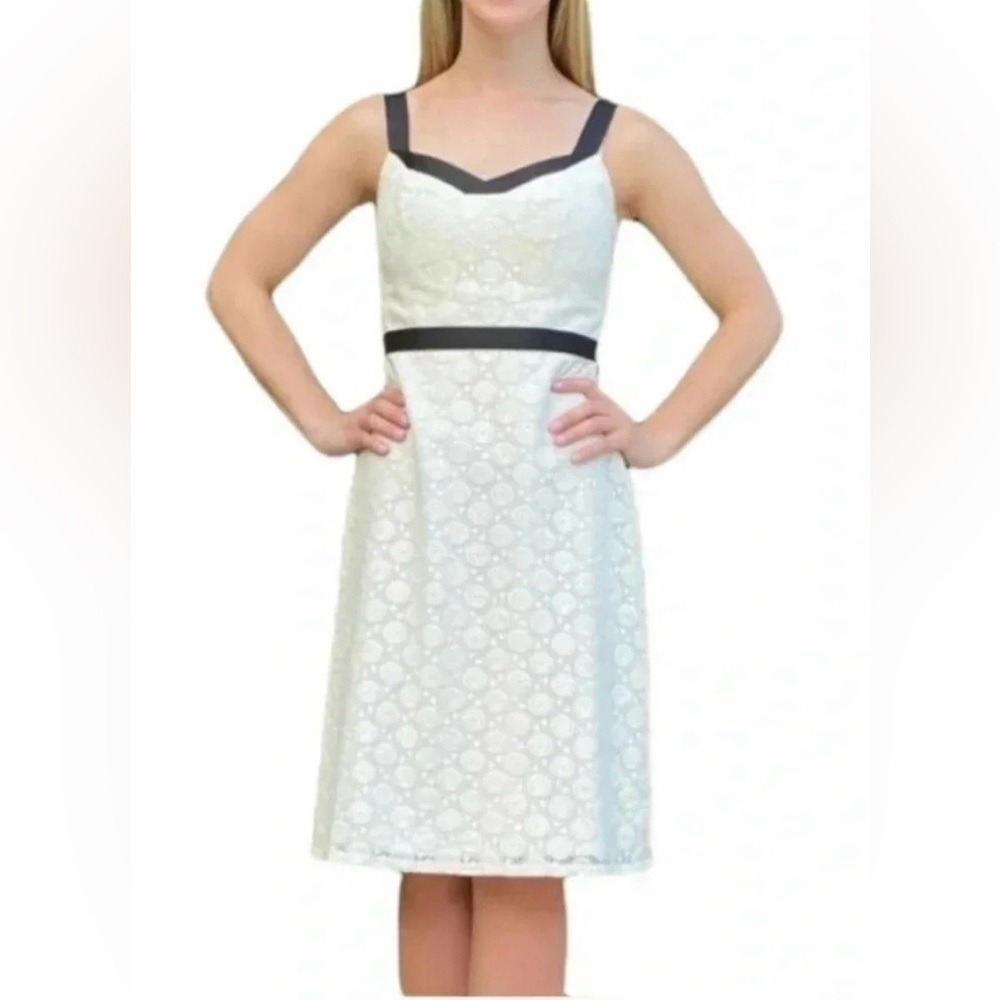 LOFT Ivory Crochet Floral Lace Dress Black Ribbon Trim Coquette Wedding Sz 12